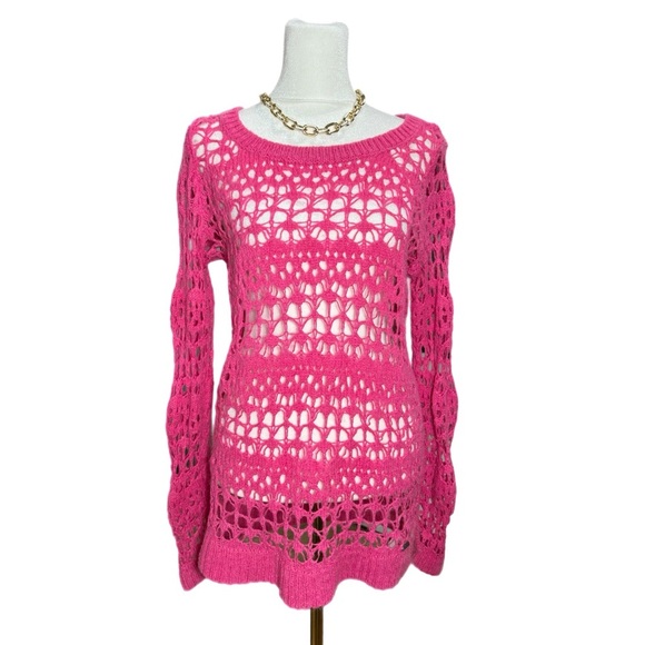 Y2K HOLLISTER Women’s Pink Crochet Sweater Soft Open Knit Crew Neck Sz Medium - Picture 1 of 10
